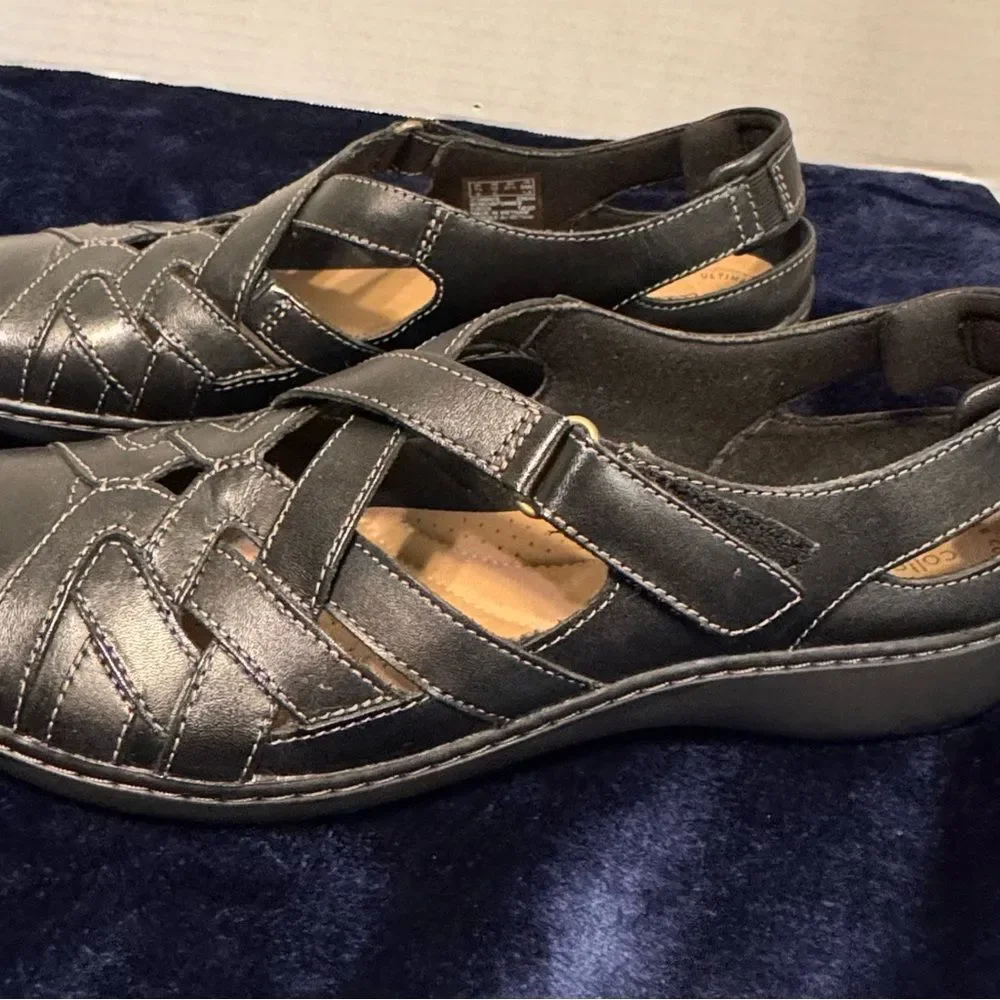Clarks Black Leather Shoes Low Heel with Adjustable Strap Size 10